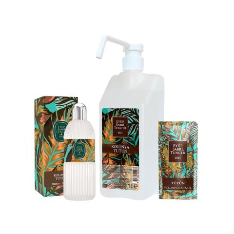 Eyüp Sabri Tuncer Tütün Kolonyası Sprey Başlıklı 1 lt, Kolonyalı Mendil 150 Adet ve Cam Şişe 400 ml
