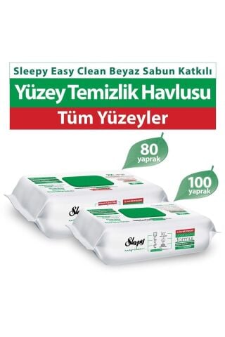 Sleepy Easy Clean Yüzey Temizlik Havlusu Beyaz Sabun Katkılı 100 Yaprak ve Mopa Uyumlu 80 Yaprak