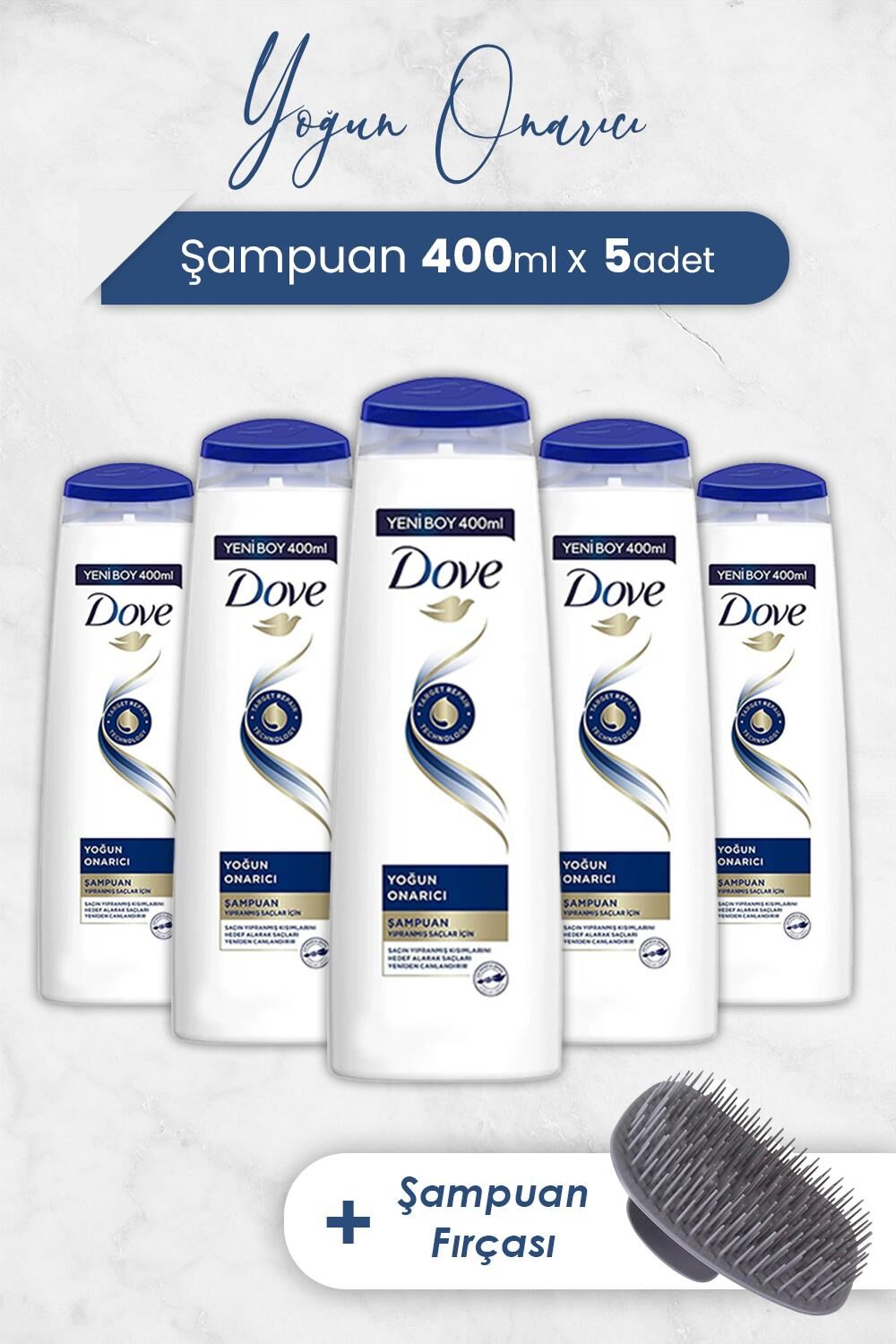 Dove Yoğun Onarıcı Şampuan 400 ml x 5 Adet ve Şampuan Fırçası