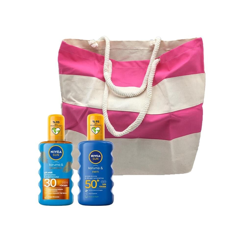 Nivea Sun Koruma&Nem Nemlendirici Güneş Spreyi ve Koruma ve Bronzluk Güneş Yağı, Fa Plaj Çantası Hediyeli