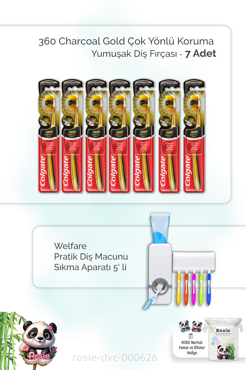 7 Adet Colgate 360 Charcoal Gold Çok Yönlü Koruma Yumuşak Diş Fırçası ve ROSIE