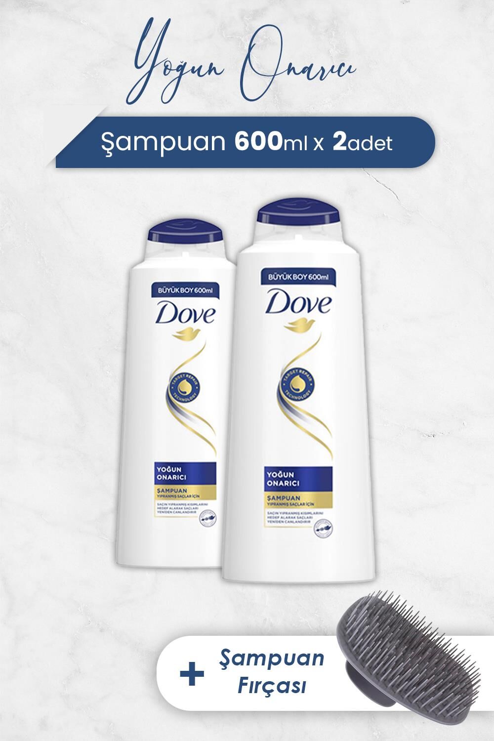 Dove Yoğun Onarıcı Saç Bakım Şampuanı 600 ml x 2 Adet ve Şampuan Fırçası
