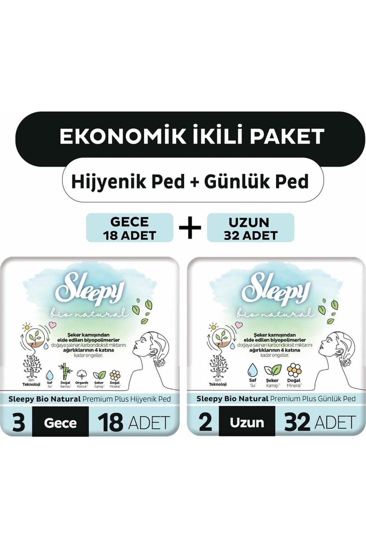 Sleepy Ekonomik Paket (Bio Natural Hijyenik Ped Gece 18'li + Günlük Ped Uzun 32'li)