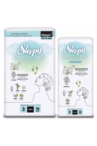 Sleepy Ekonomik Paket (Bio Natural Hijyenik Ped Gece 18'li + Günlük Ped Uzun 32'li)