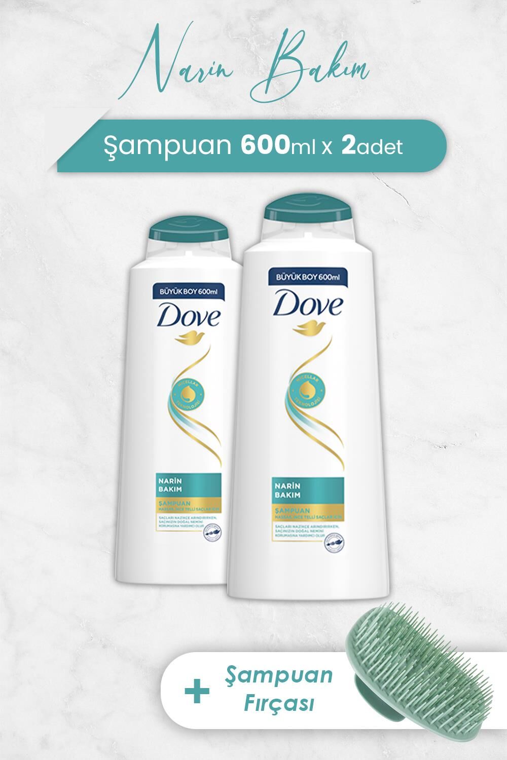 Dove Narin Bakım Şampuan 600 ml x 2 Adet ve Şampuan Fırçası