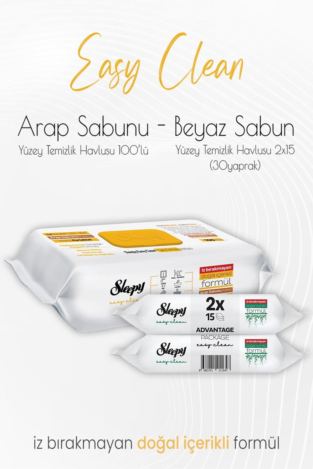 Sleepy Easy Clean Yüzey Temizlik Havlusu 2x15 Yaprak (30 Yaprak) ve Arap Sabunu Katkılı 100' lü