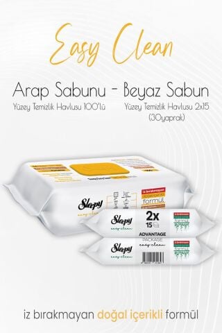 Sleepy Easy Clean Yüzey Temizlik Havlusu 2x15 Yaprak (30 Yaprak) ve Arap Sabunu Katkılı 100' lü