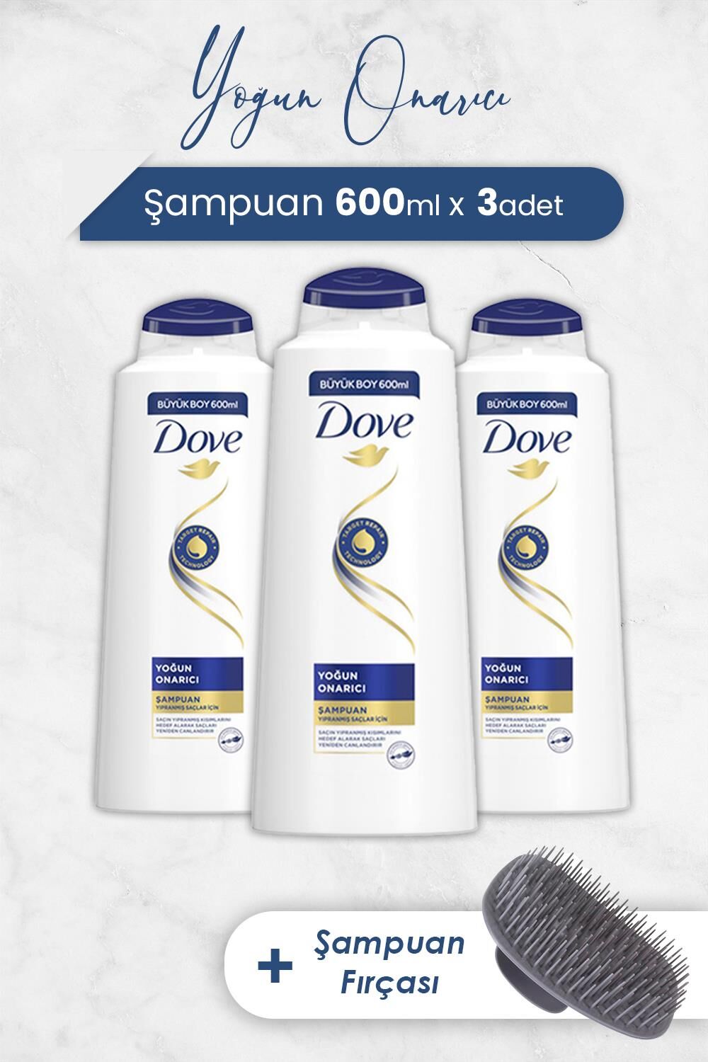 Dove Yoğun Onarıcı Saç Bakım Şampuanı 600 ml x 3 Adet ve Şampuan Fırçası