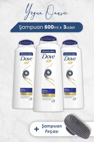 Dove Yoğun Onarıcı Saç Bakım Şampuanı 600 ml x 3 Adet ve Şampuan Fırçası