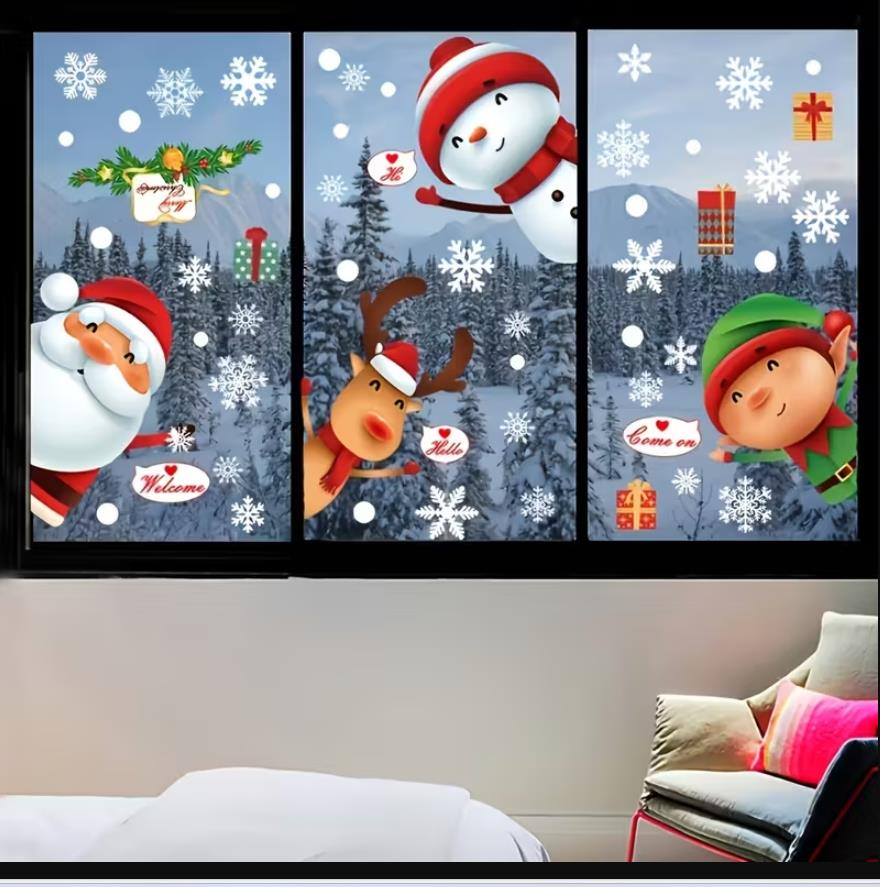 80 adet Kar Tanesi Pencere Cam Yapışkanları, Noel Baba Geyik Çıkartmaları