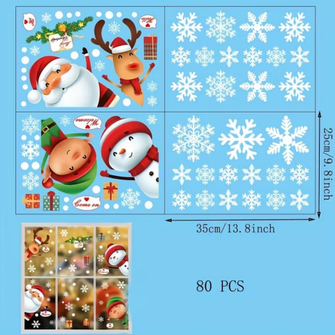 80 adet Kar Tanesi Pencere Cam Yapışkanları, Noel Baba Geyik Çıkartmaları