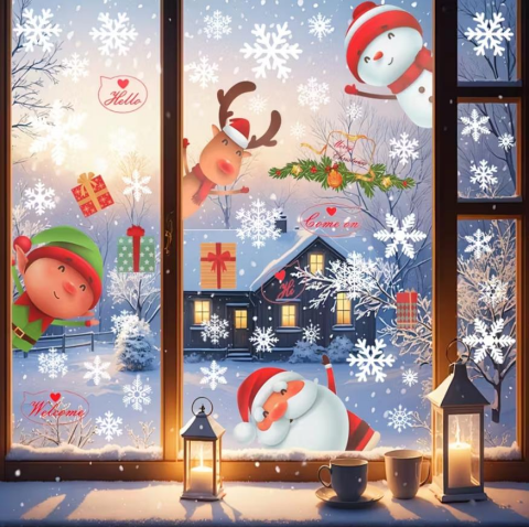 80 adet Kar Tanesi Pencere Cam Yapışkanları, Noel Baba Geyik Çıkartmaları
