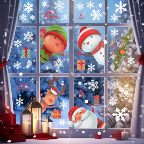 80 adet Kar Tanesi Pencere Cam Yapışkanları, Noel Baba Geyik Çıkartmaları