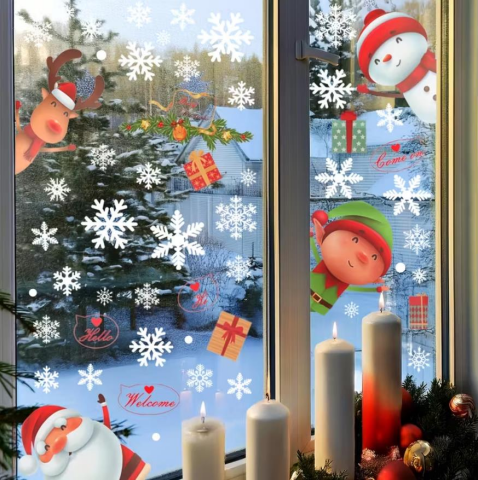 80 adet Kar Tanesi Pencere Cam Yapışkanları, Noel Baba Geyik Çıkartmaları