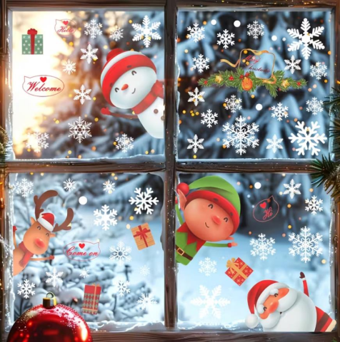 80 adet Kar Tanesi Pencere Cam Yapışkanları, Noel Baba Geyik Çıkartmaları