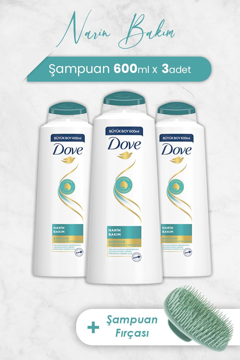 Dove Narin Bakım Şampuan 600 ml x 3 Adet ve Şampuan Fırçası