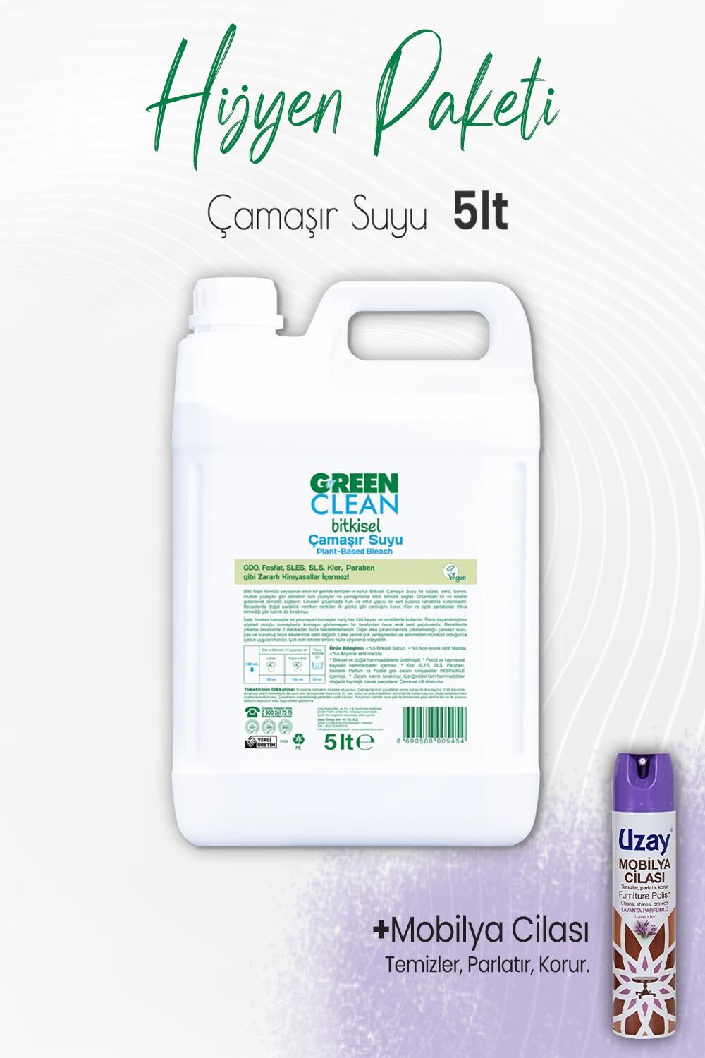 Green Clean Çamaşır Suyu 5 lt ve Mobilya Cilası Lavanta 300 ml