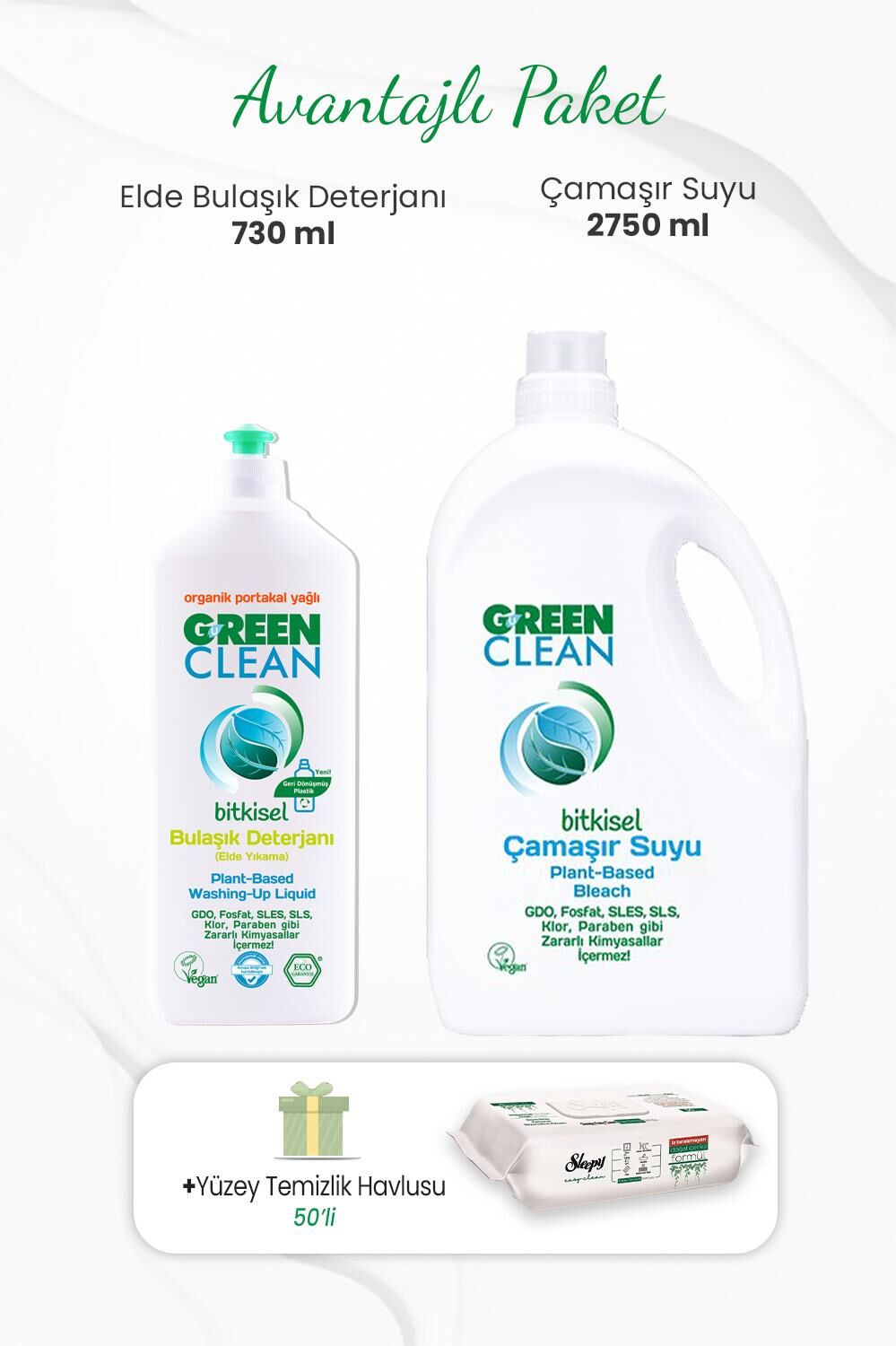 Green Clean Bulaşık Deterjanı 730 ml, Çamaşır Suyu 2750 ml ve Yüzey Temizlik Havlusu 50'li
