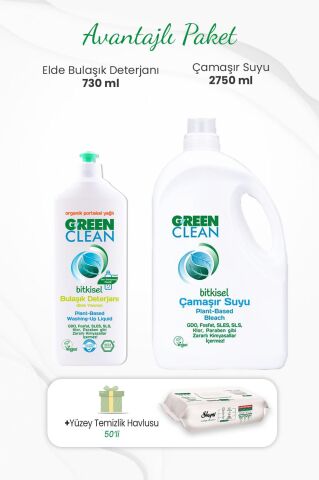 Green Clean Bulaşık Deterjanı 730 ml, Çamaşır Suyu 2750 ml ve Yüzey Temizlik Havlusu 50'li