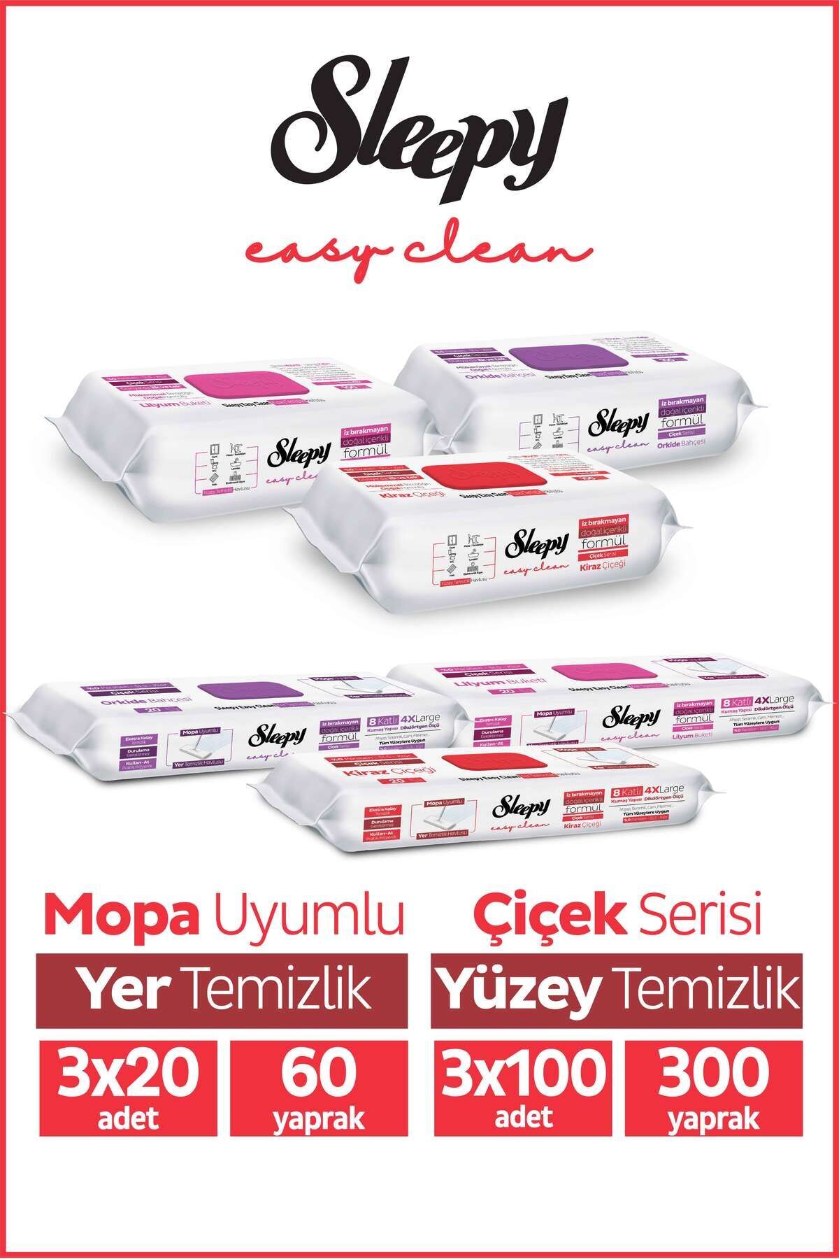 Sleepy Easy Clean Çiçek Serisi 3X100 Yüzey, 3X20 Yer Temizlik Havlusu Karma Paket