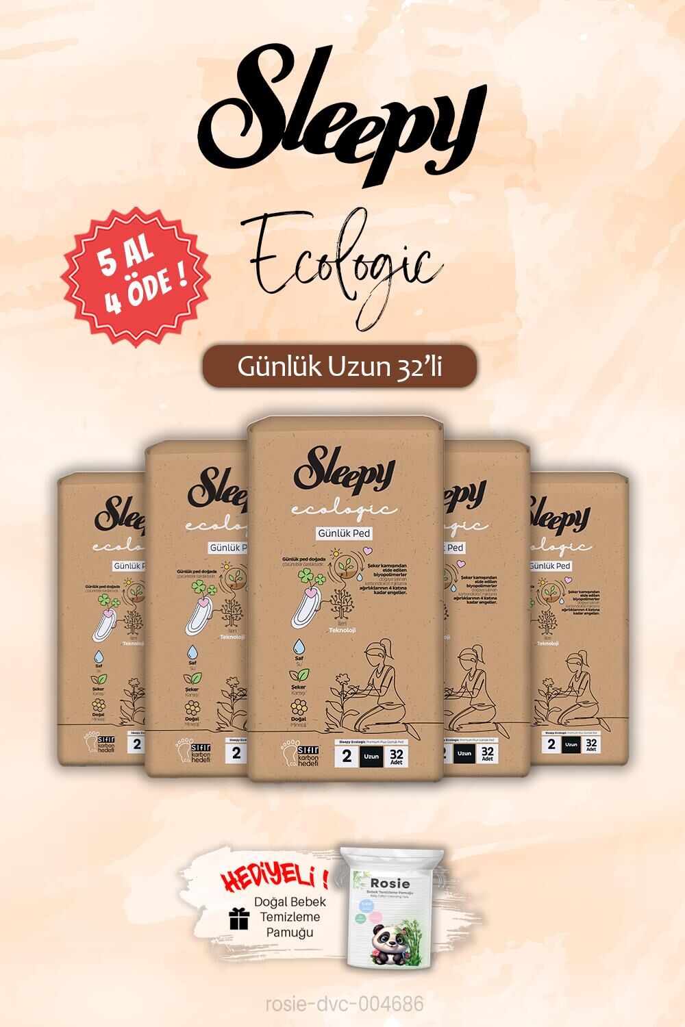 Sleepy 5 AL 4 ÖDE Ecologic Günlük Ped Uzun 32'li, ROSIE Hediye