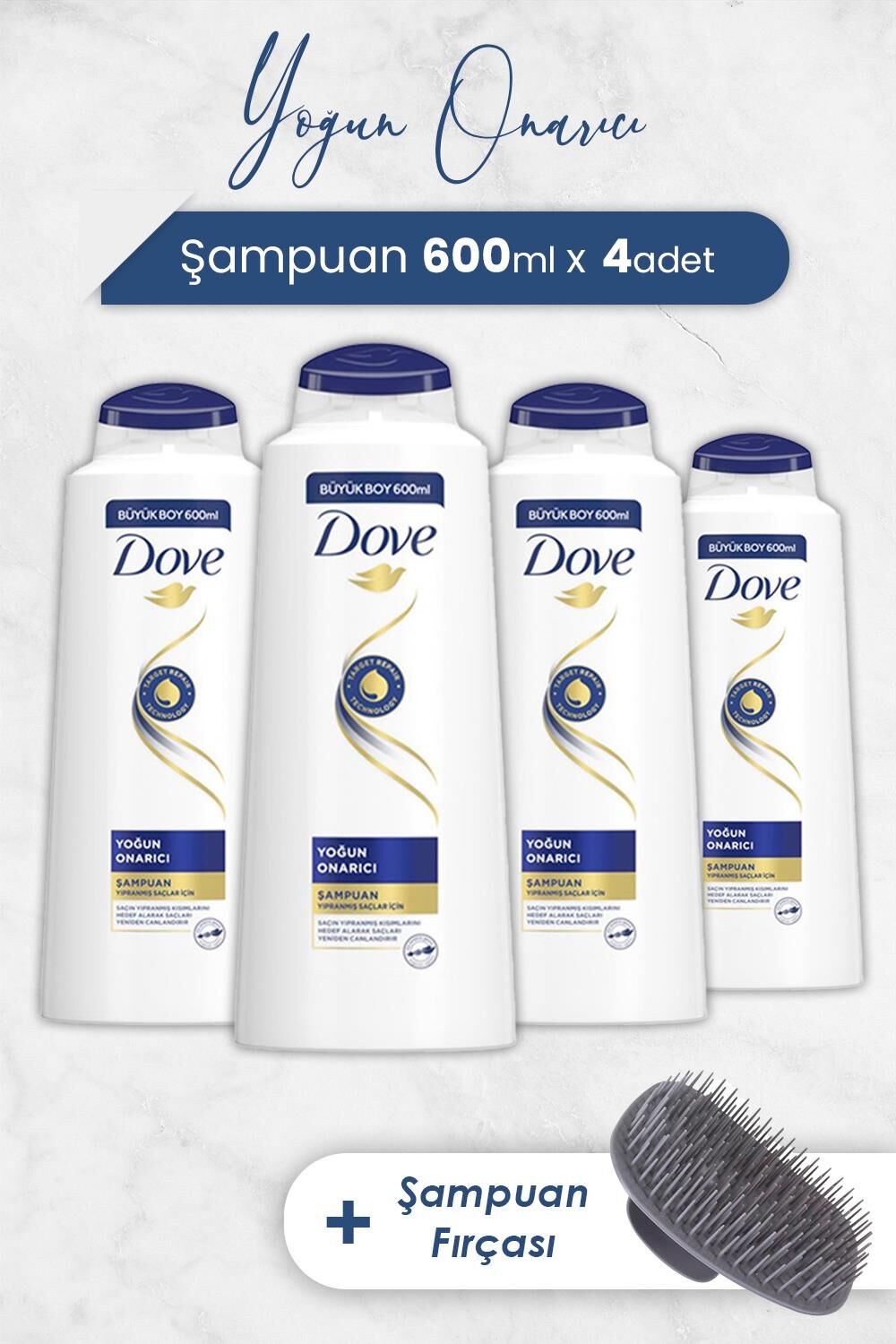 Dove Yoğun Onarıcı Saç Bakım Şampuanı 600 ml x 4 Adet ve Şampuan Fırçası