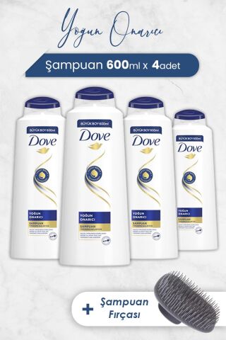 Dove Yoğun Onarıcı Saç Bakım Şampuanı 600 ml x 4 Adet ve Şampuan Fırçası