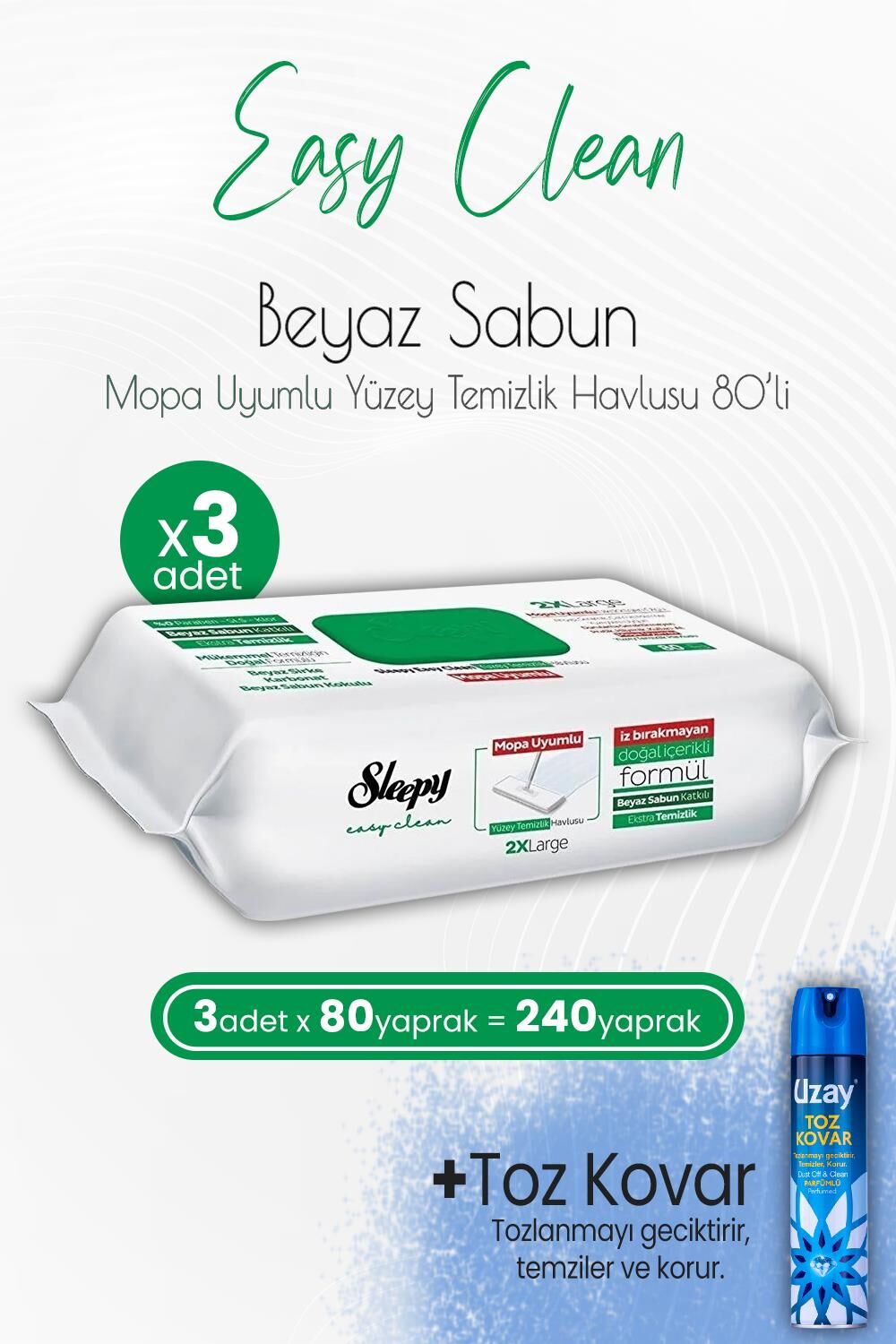 Sleepy Easy Clean Mopa Uyumlu Yüzey Temizlik Havlusu 80 Yaprak x 3 Adet ve Toz Kovar