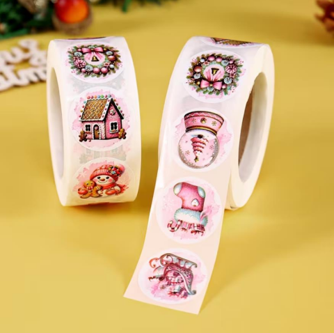 Rulo, 500 adet Pembe Noel Yuvarlak Etiketler, Noel Baba Kardan Adam