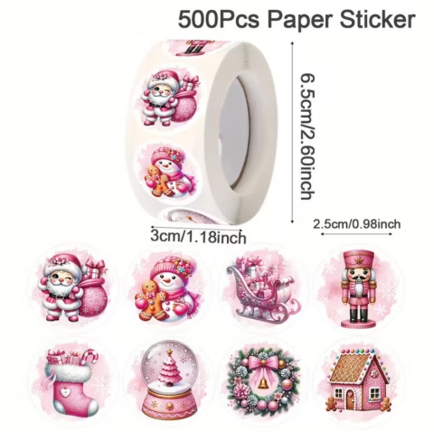 Rulo, 500 adet Pembe Noel Yuvarlak Etiketler, Noel Baba Kardan Adam