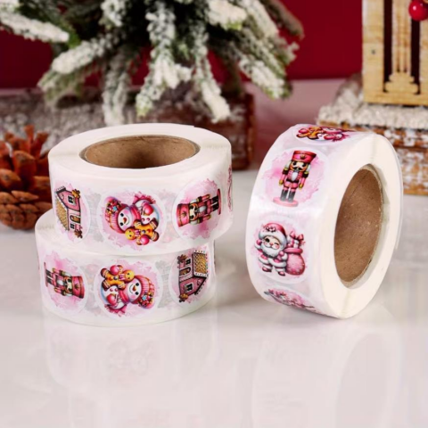 Rulo, 500 adet Pembe Noel Yuvarlak Etiketler, Noel Baba Kardan Adam