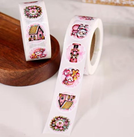 Rulo, 500 adet Pembe Noel Yuvarlak Etiketler, Noel Baba Kardan Adam