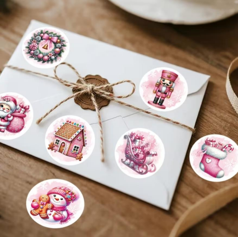 Rulo, 500 adet Pembe Noel Yuvarlak Etiketler, Noel Baba Kardan Adam