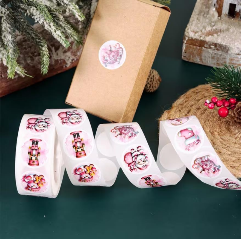 Rulo, 500 adet Pembe Noel Yuvarlak Etiketler, Noel Baba Kardan Adam