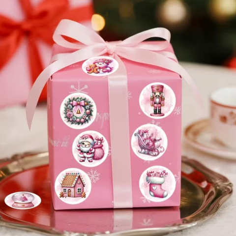 Rulo, 500 adet Pembe Noel Yuvarlak Etiketler, Noel Baba Kardan Adam