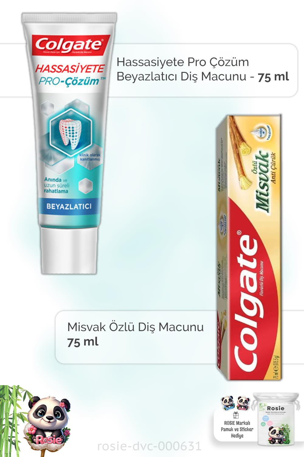 Colgate Hassasiyete Pro Çözüm Beyazlatıcı 75 ml, Misvak Özlü 75 ml Diş Macunu ve ROSIE