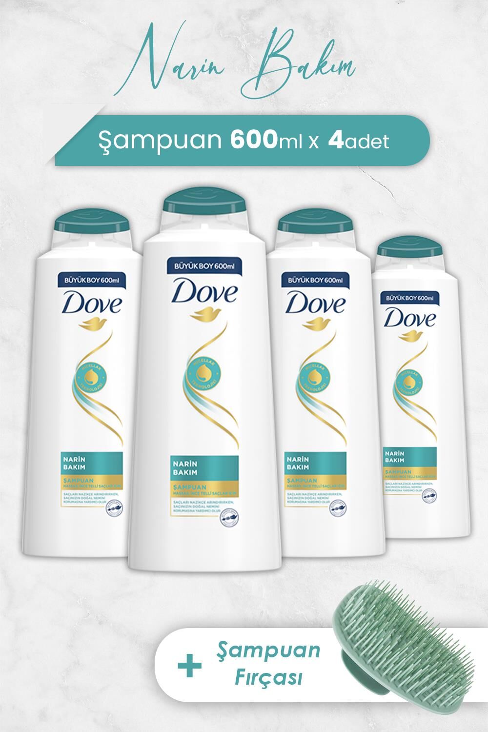 Dove Narin Bakım Şampuan 600 ml x 4 Adet ve Şampuan Fırçası