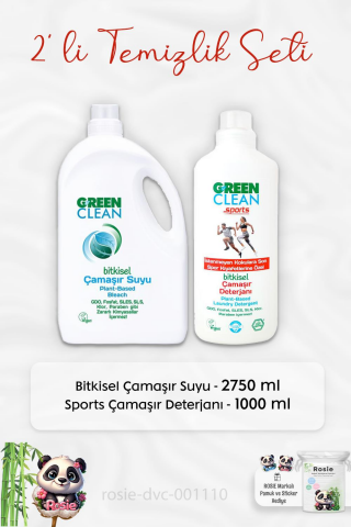 Green Clean Çamaşır Suyu 2750 ml, Sports Çamaşır Deterjanı 1 lt ve ROSIE