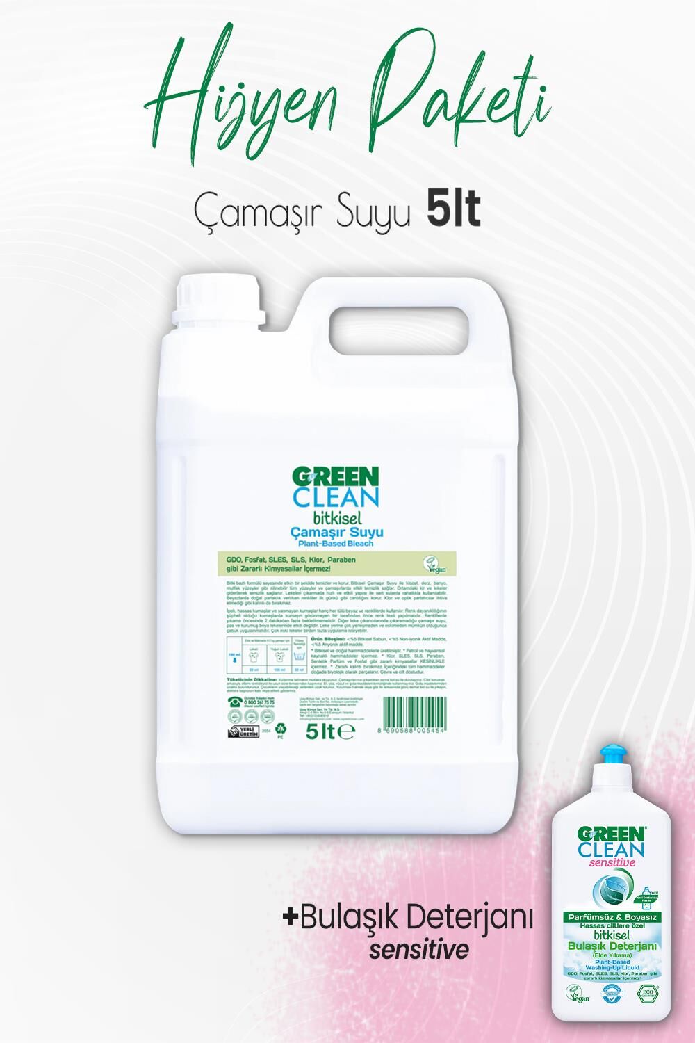 Green Clean Bitkisel Çamaşır Suyu 5 lt ve Sensitive Bulaşık Deterjanı 500 ml