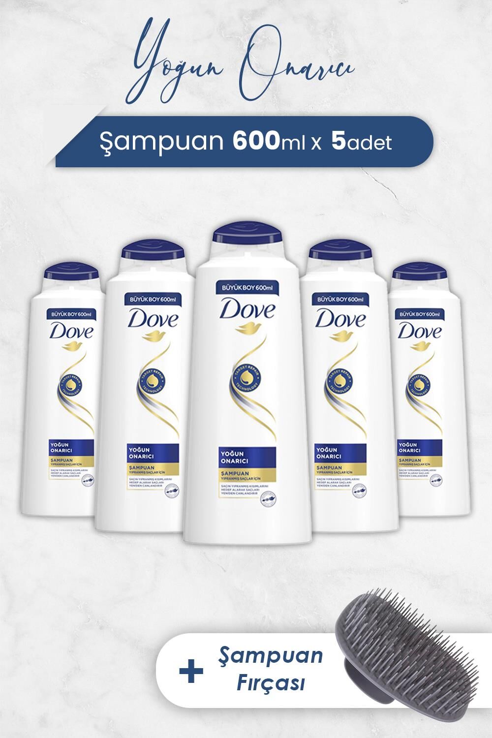 Dove Yoğun Onarıcı Saç Bakım Şampuanı 600 ml x 5 Adet ve Şampuan Fırçası