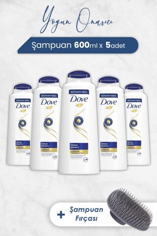 Dove Yoğun Onarıcı Saç Bakım Şampuanı 600 ml x 5 Adet ve Şampuan Fırçası