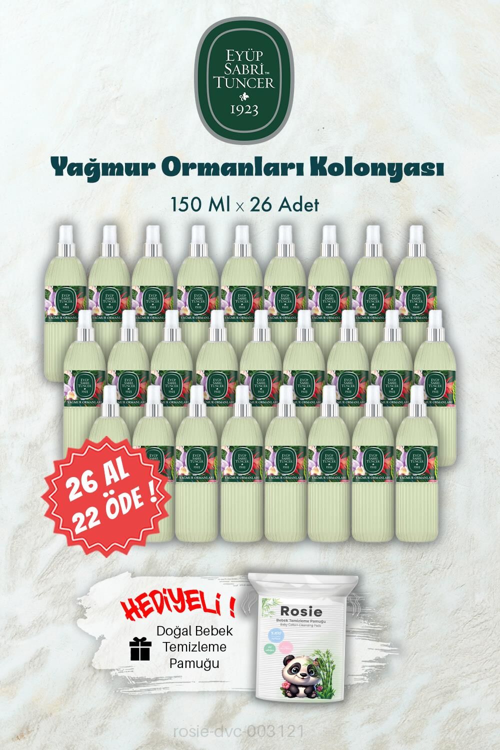 26 AL 22 ÖDE 150 ML Yağmur Ormanları Kolonyası ve ROSIE Hediye