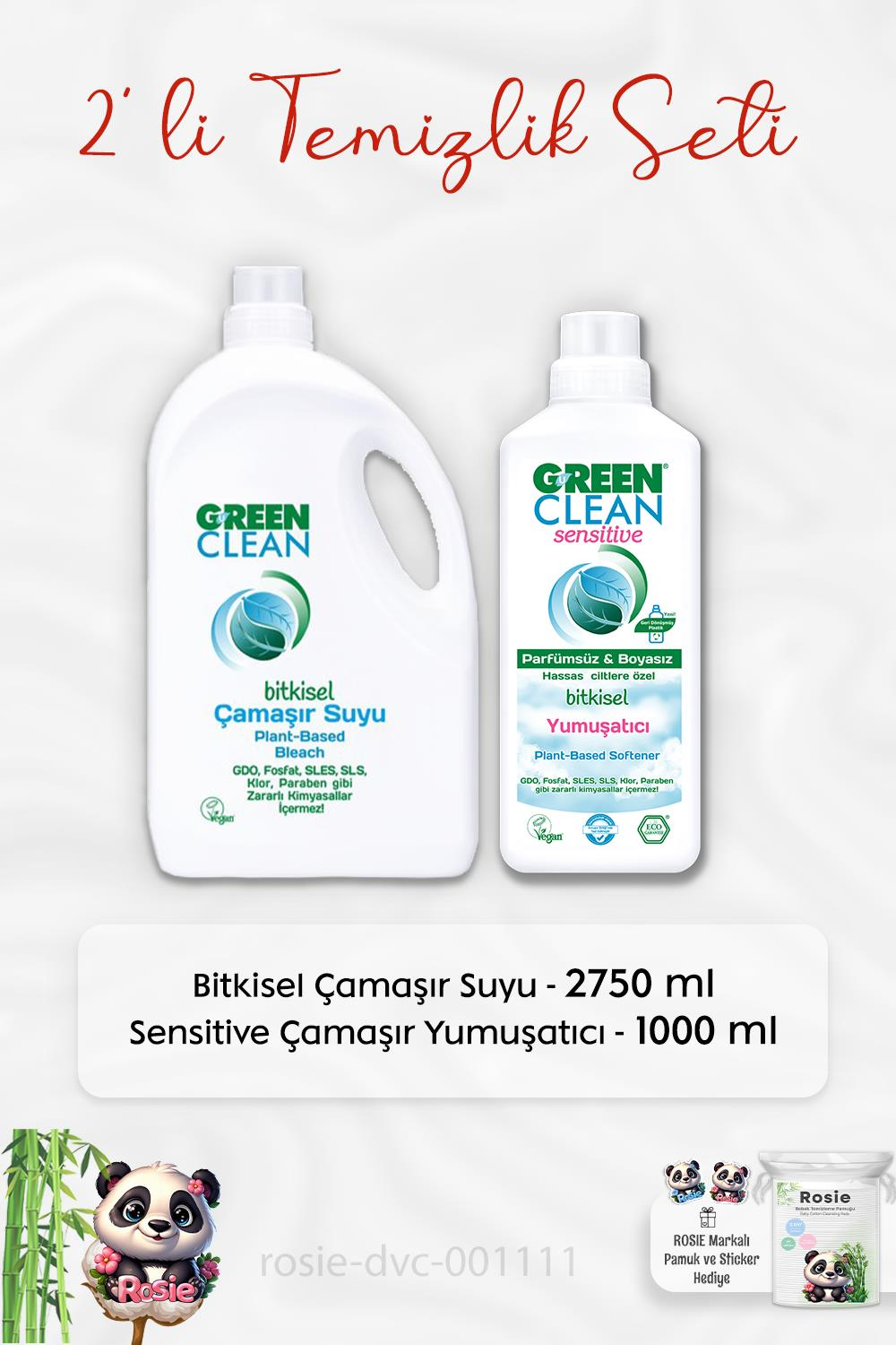 Green Clean Çamaşır Suyu 2750 ml, Sensitive Yumuşatıcı 1 lt ve ROSIE