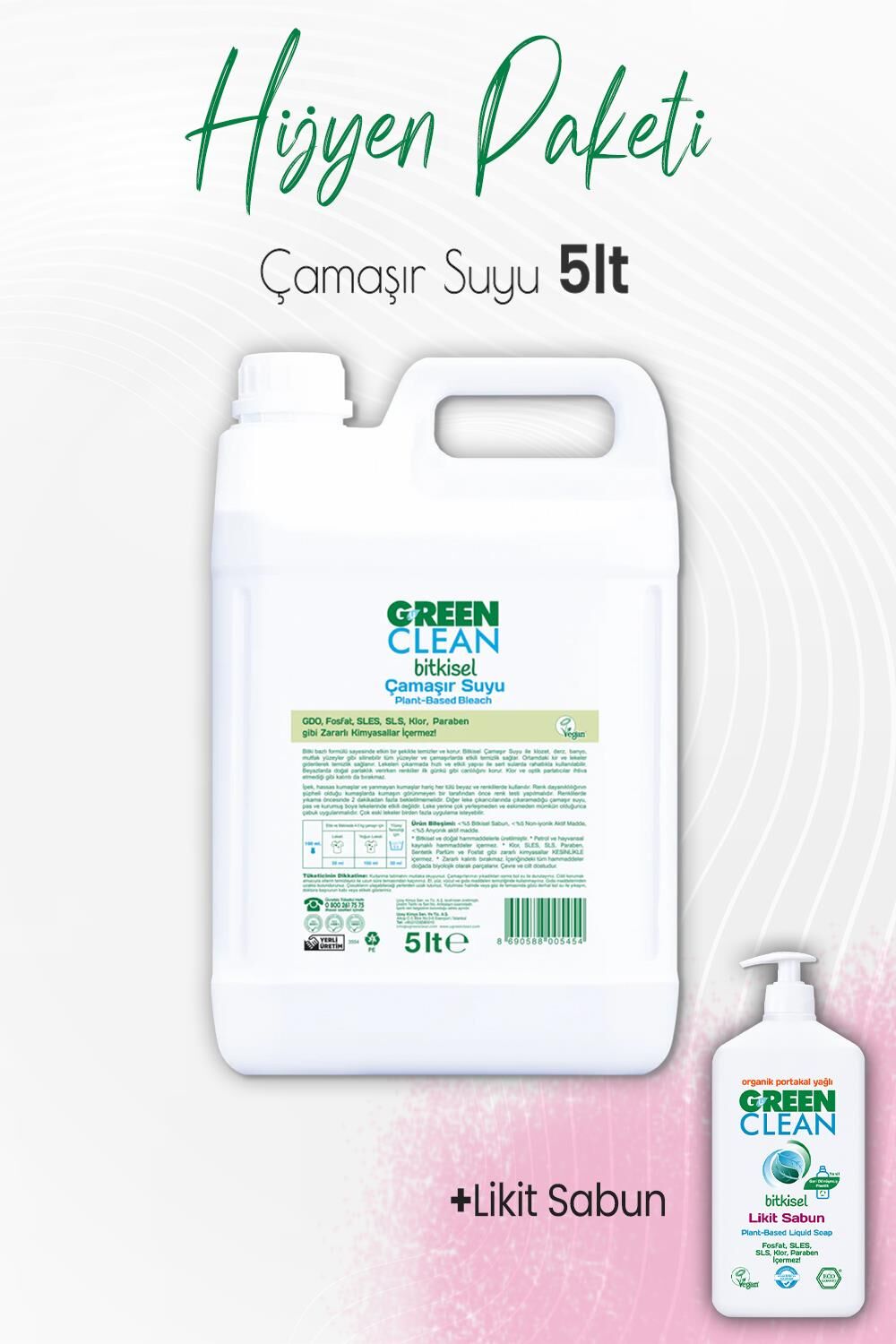 Green Clean Bitkisel Likit Sabun Portakal Yağlı 500 ml ve Çamaşır Suyu 5 lt