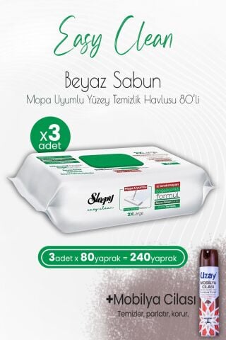 Sleepy Easy Clean Mopa Uyumlu Yüzey Temizlik Havlusu 80 Yaprak x 3 Adet ve Mobilya Cilası Sandalağacı
