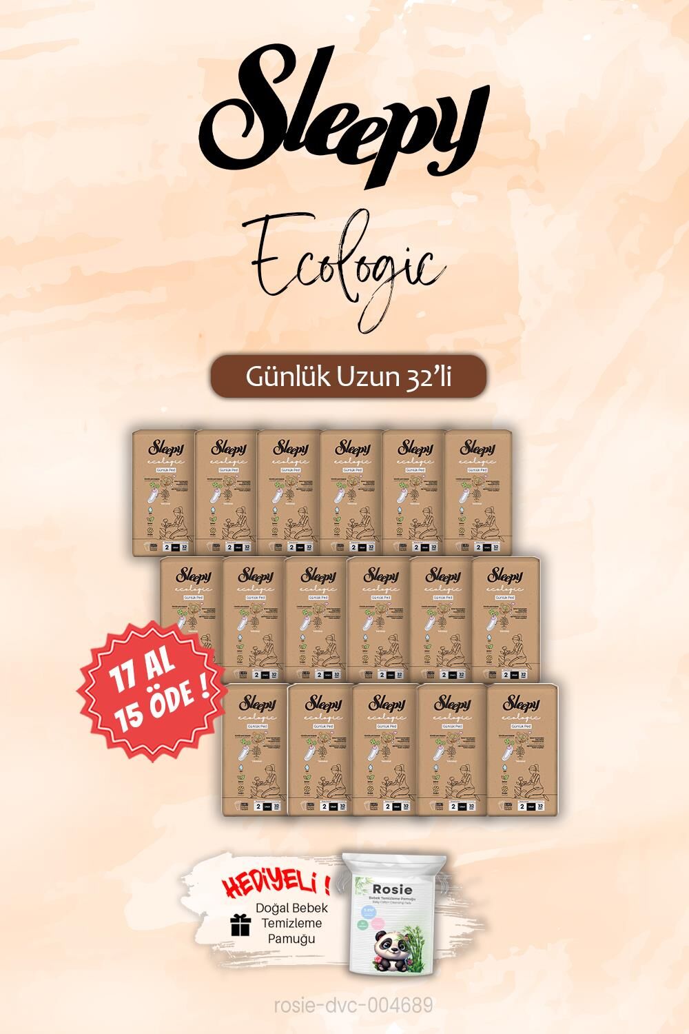 17 AL 15 ÖDE Uzun 32 'li Ecologic Günlük Ped, ROSIE Hediye