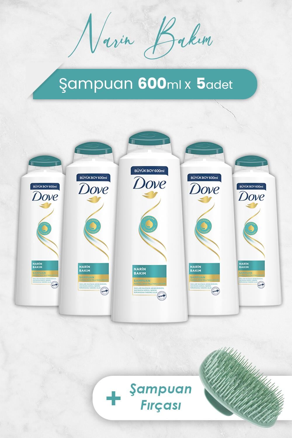 Dove Narin Bakım Şampuan 600 ml x 5 Adet ve Şampuan Fırçası