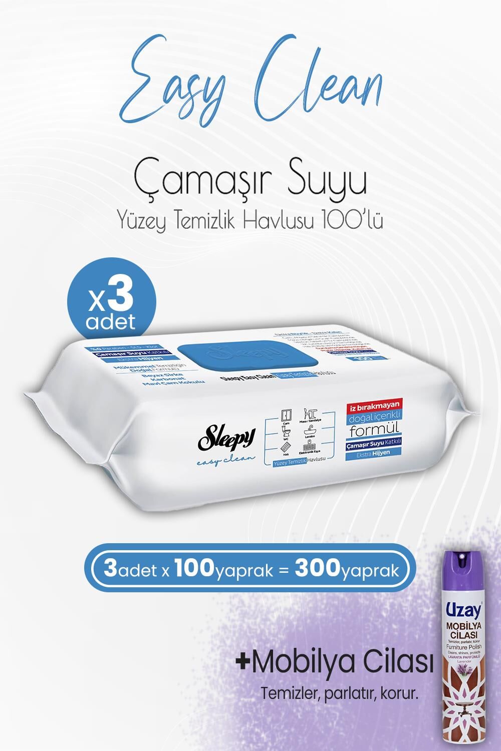 Sleepy Easy Clean Yüzey Temizlik Havlusu Çamaşır Suyu Katkılı 100' lü x 3 Adet ve Mobilya Cilası Lavanta