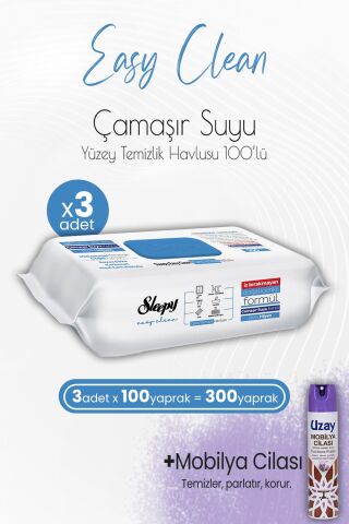 Sleepy Easy Clean Yüzey Temizlik Havlusu Çamaşır Suyu Katkılı 100' lü x 3 Adet ve Mobilya Cilası Lavanta