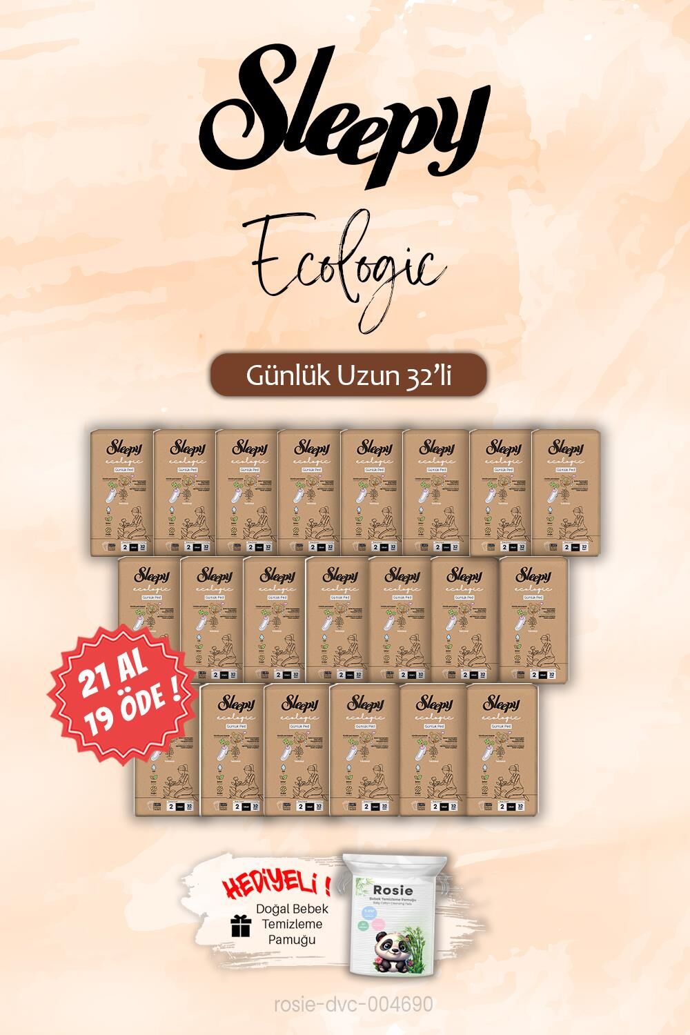21 AL 19 ÖDE Sleepy 32 'li Ecologic Günlük Ped Uzun, ROSIE Hediye